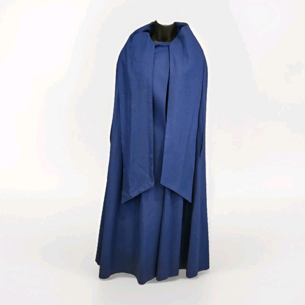 1950s Merino Wool Cape Long Blue Coat Attached Scarf Museum Quality OS Vintage
